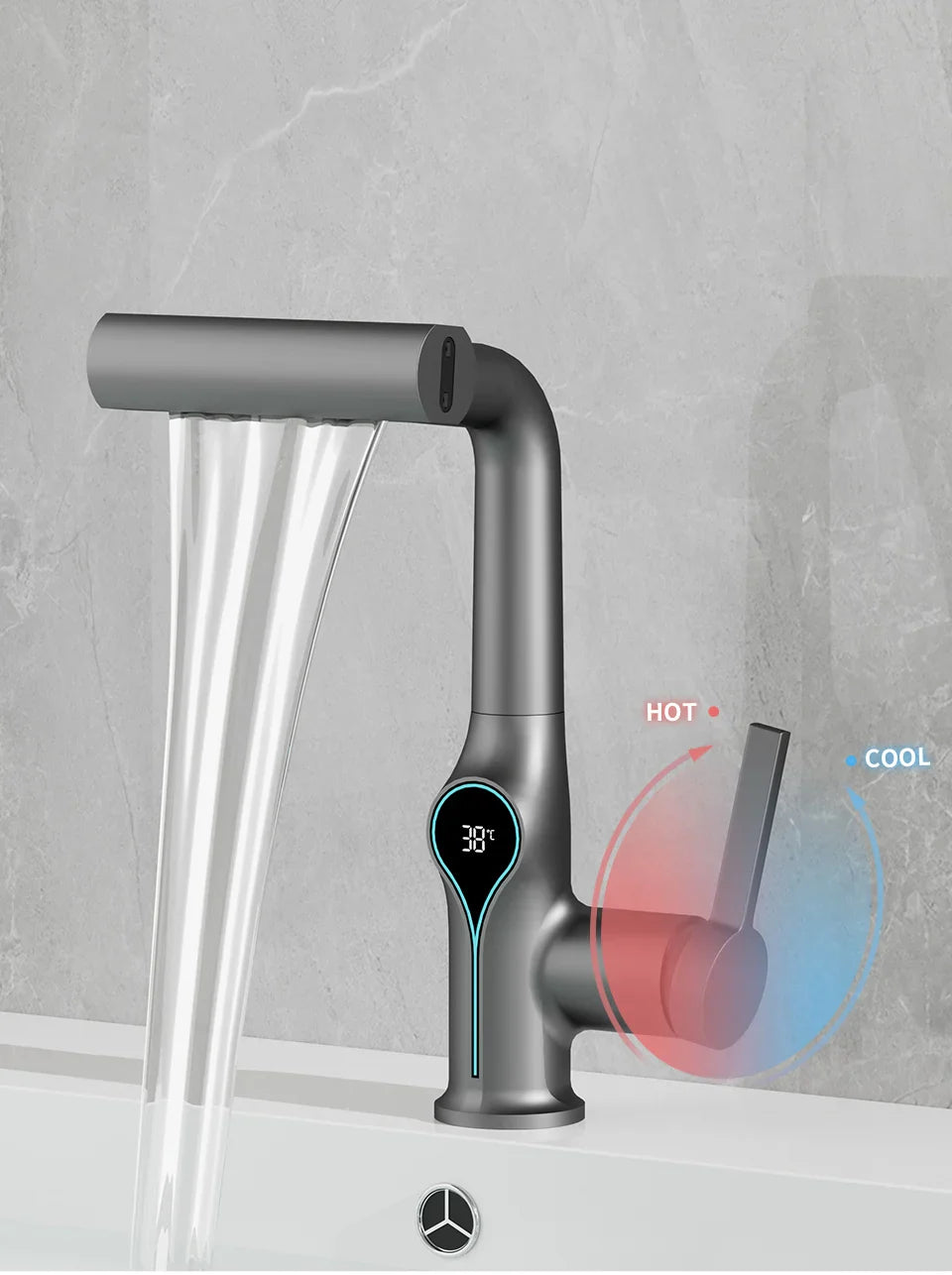 Modern matte gray smart basin faucet with digital temperature display and dual-control handle for hot or cold water
