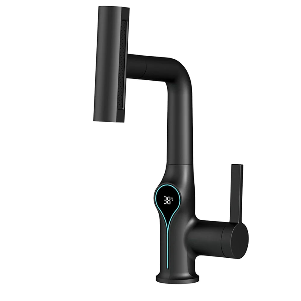 Black modern basin faucet with sleek curved design and digital temperature display showing 38°c for bathroom use