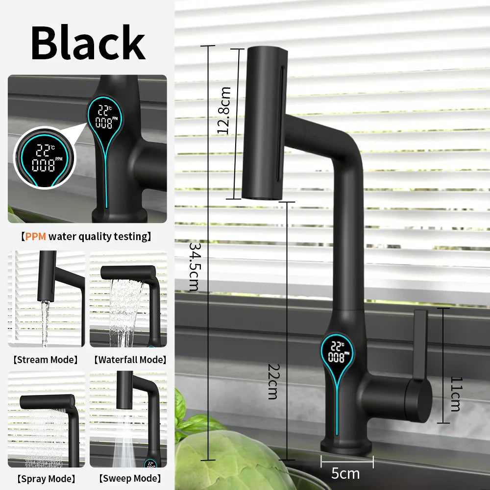 Black matte-finish smart kitchen faucet with digital display showing temperature and water quality for bathroom use