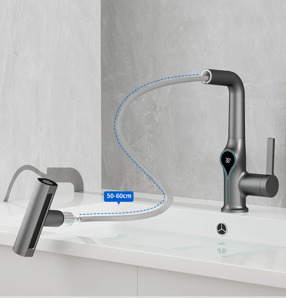Modern matte black waterfall basin faucet with digital temperature display and flexible extendable hose for bathroom sink