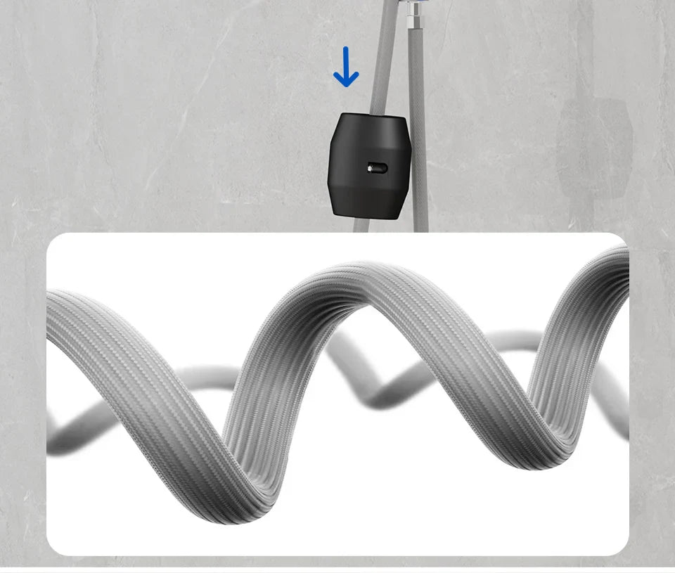 Black cylindrical showerhead with usb-c port and gray braided cable for waterfall temperature digital basin faucet