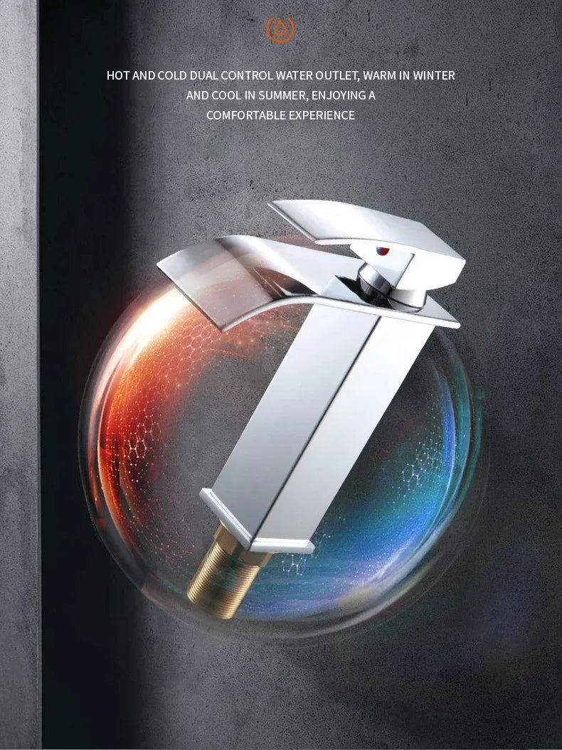 Modern chrome-finished stainless steel wash basin faucet with sleek angular design and dual hot and cold controls