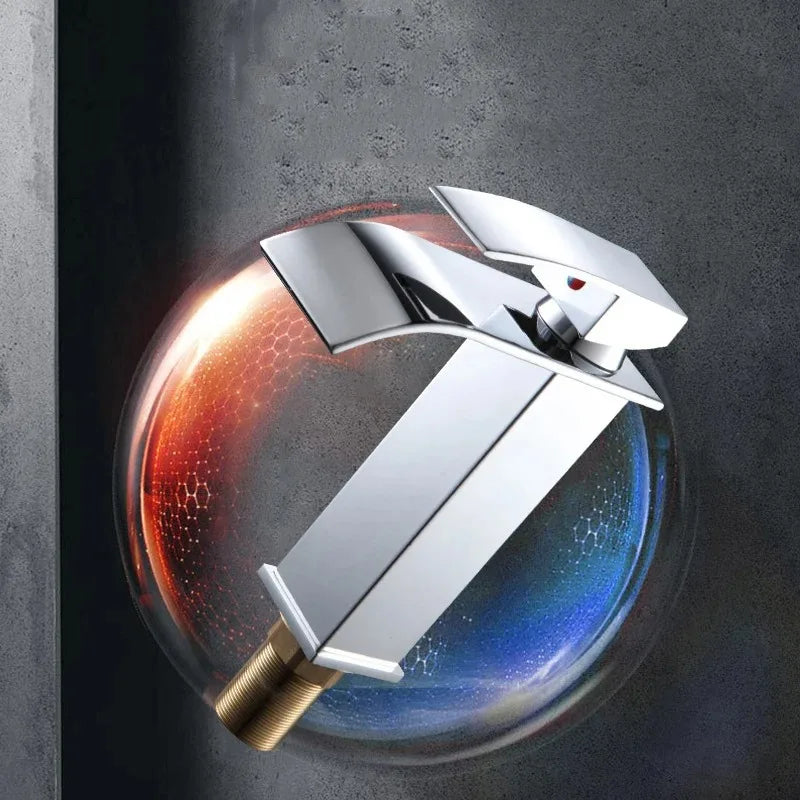 Modern chrome-finished stainless steel waterfall faucet with brass base for wash basin in black hot and cold design