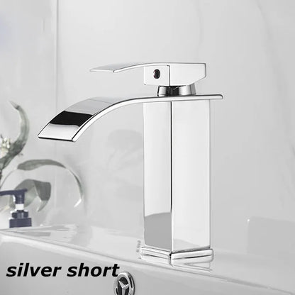 Silver short waterfall faucet with polished chrome finish for stainless steel wash basin in bathroom use