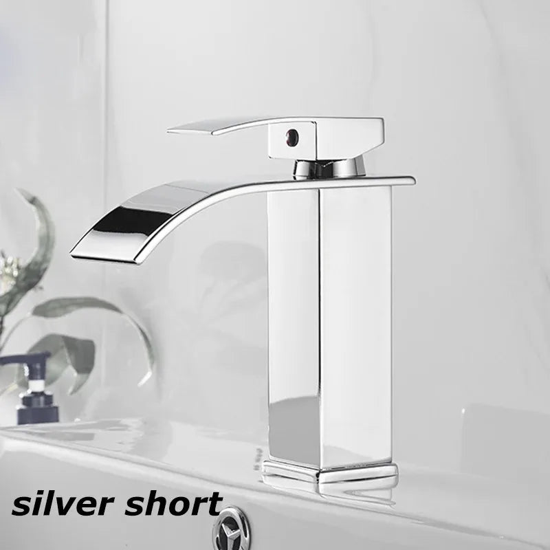 Silver short waterfall faucet with polished chrome finish for stainless steel wash basin in bathroom use