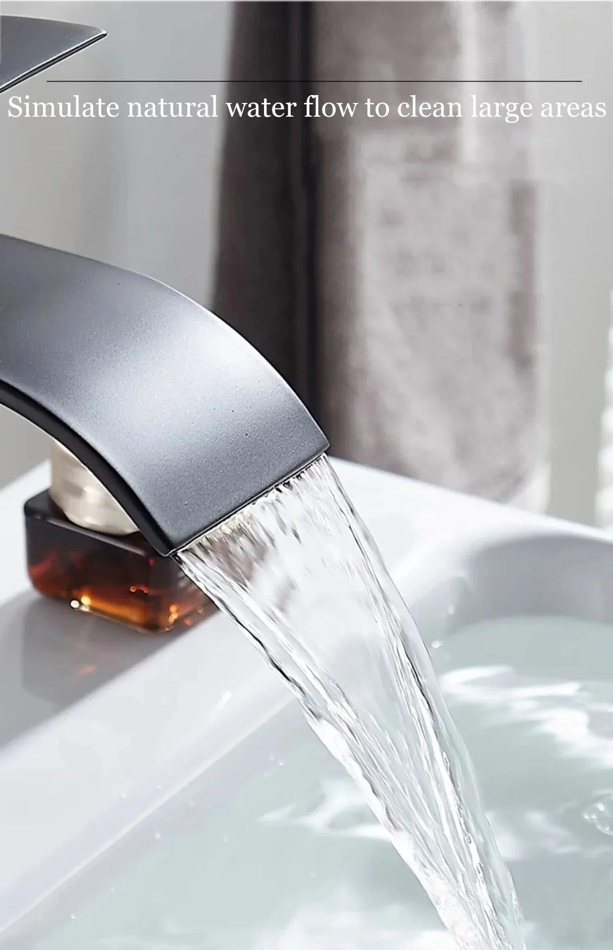 Matte black stainless steel waterfall faucet with smooth curved spout for wash basin bathroom use