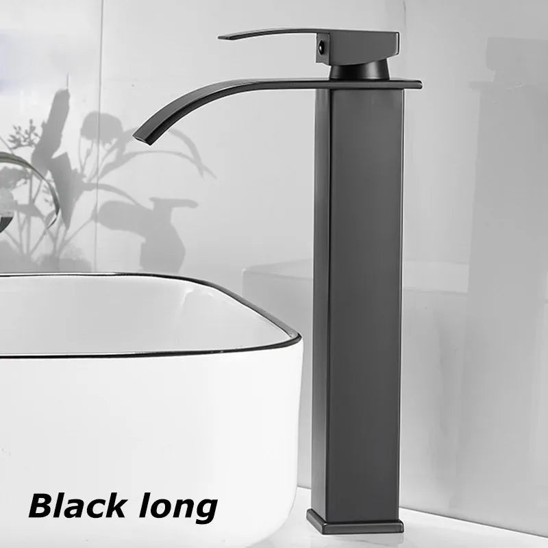 Black matte stainless steel long faucet with sleek modern design for wash basin hot and cold water use