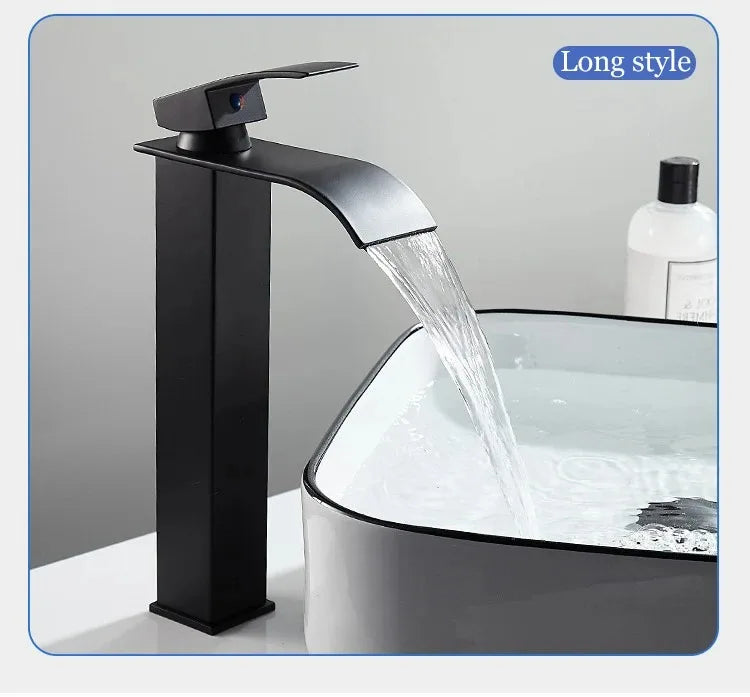 Black matte stainless steel waterfall faucet with sleek modern design for wash basin in bathroom use