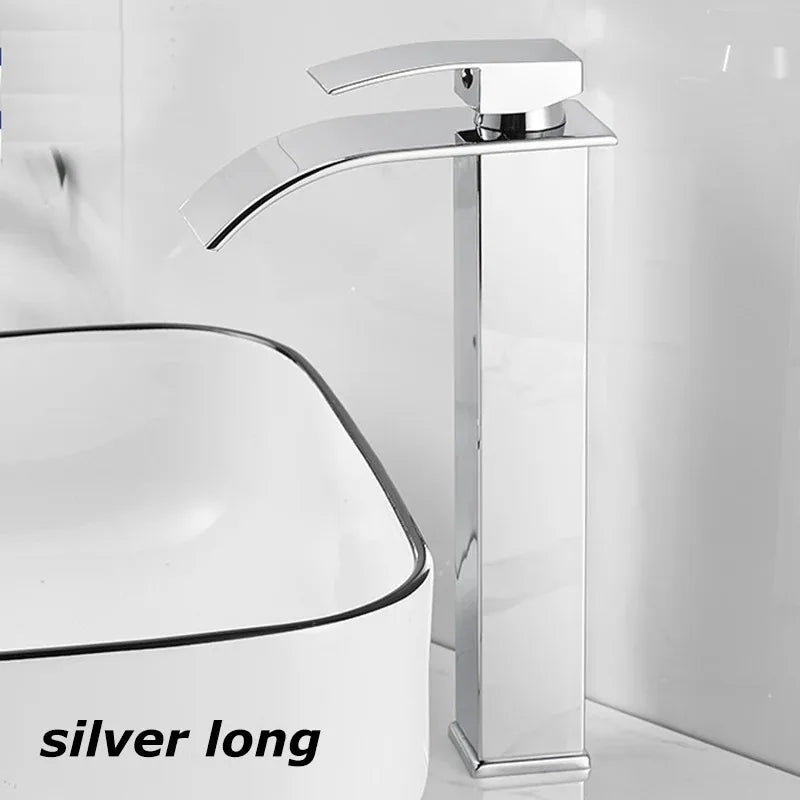Silver chrome-finished tall stainless steel wash basin faucet with sleek modern design and curved spout for bathroom use