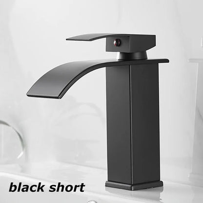 Black matte stainless steel short waterfall faucet with sleek modern design for wash basin bathroom use
