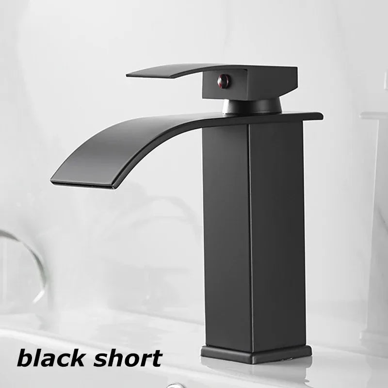 Black matte stainless steel short waterfall faucet with sleek modern design for wash basin bathroom use