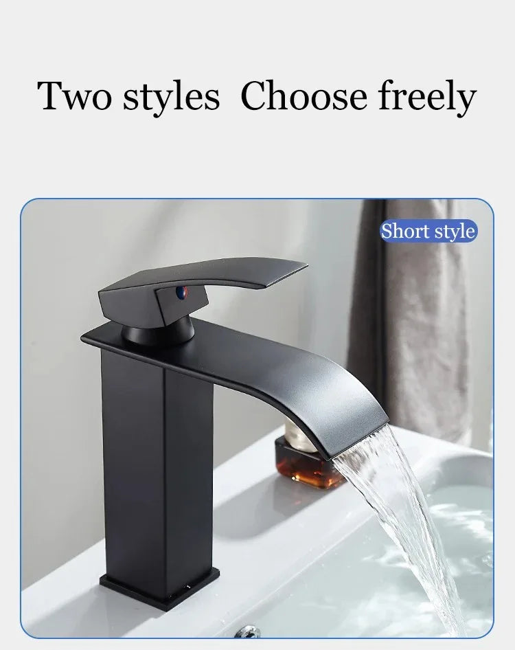 Black matte stainless steel wash basin faucet with sleek curved spout for high and low bathroom use