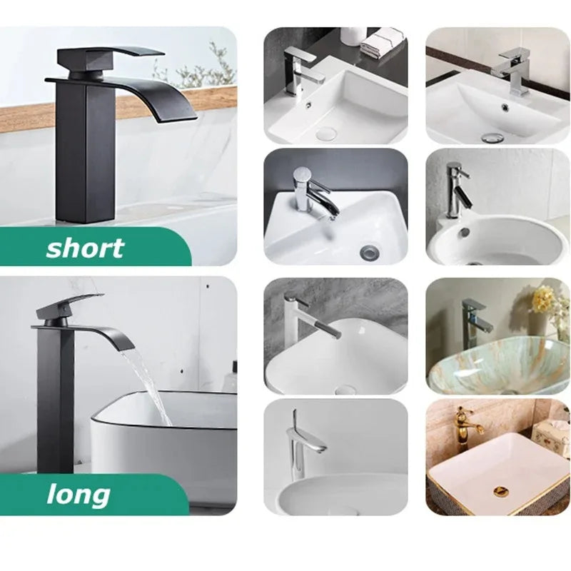 Black matte stainless steel modern high and low faucet with sleek curved spout for wash basin bathroom use