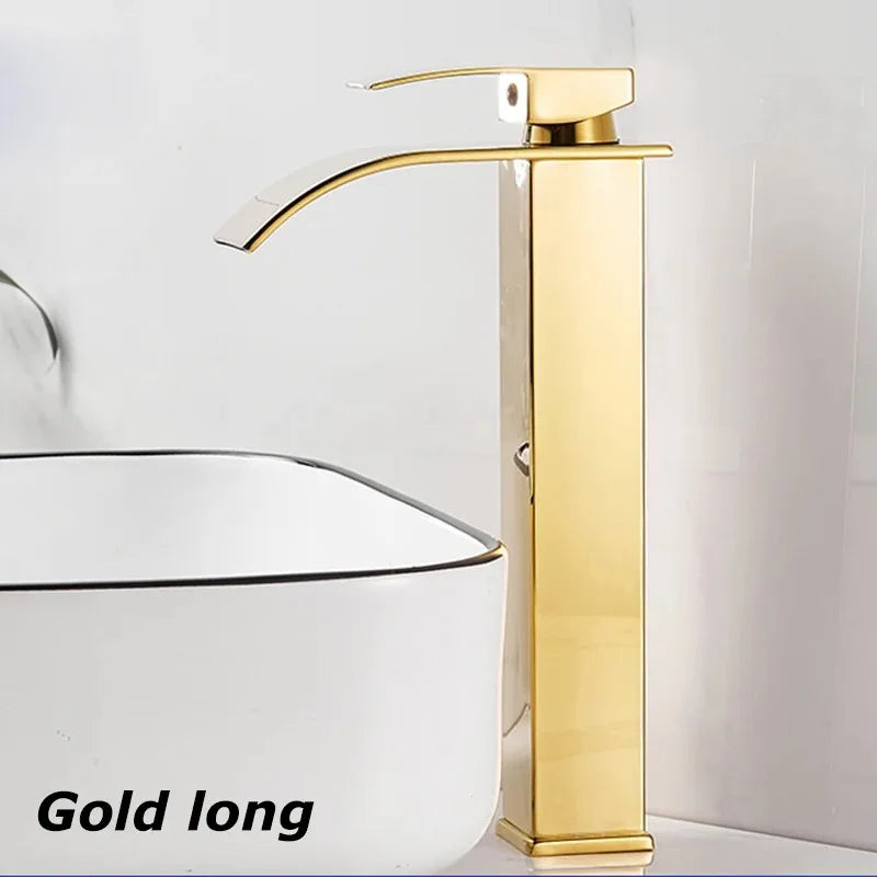 Gold stainless steel long faucet with sleek modern design for wash basin in bathroom with hot and cold water control