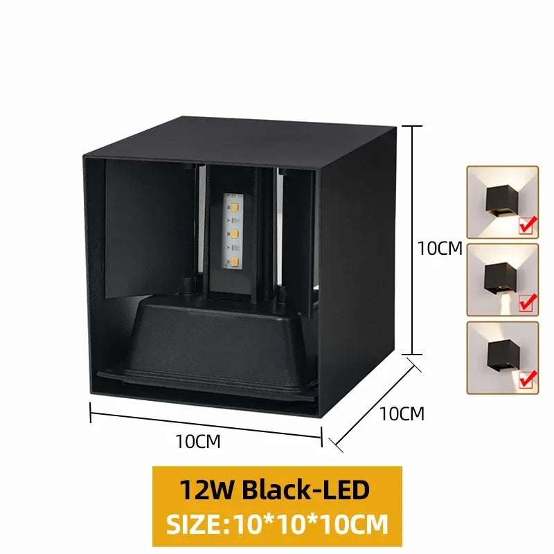 Waterproof Aluminum LED Wall Lamp - Outdoor & Indoor Lighting - 12W Black-LEDS / White light 6000K