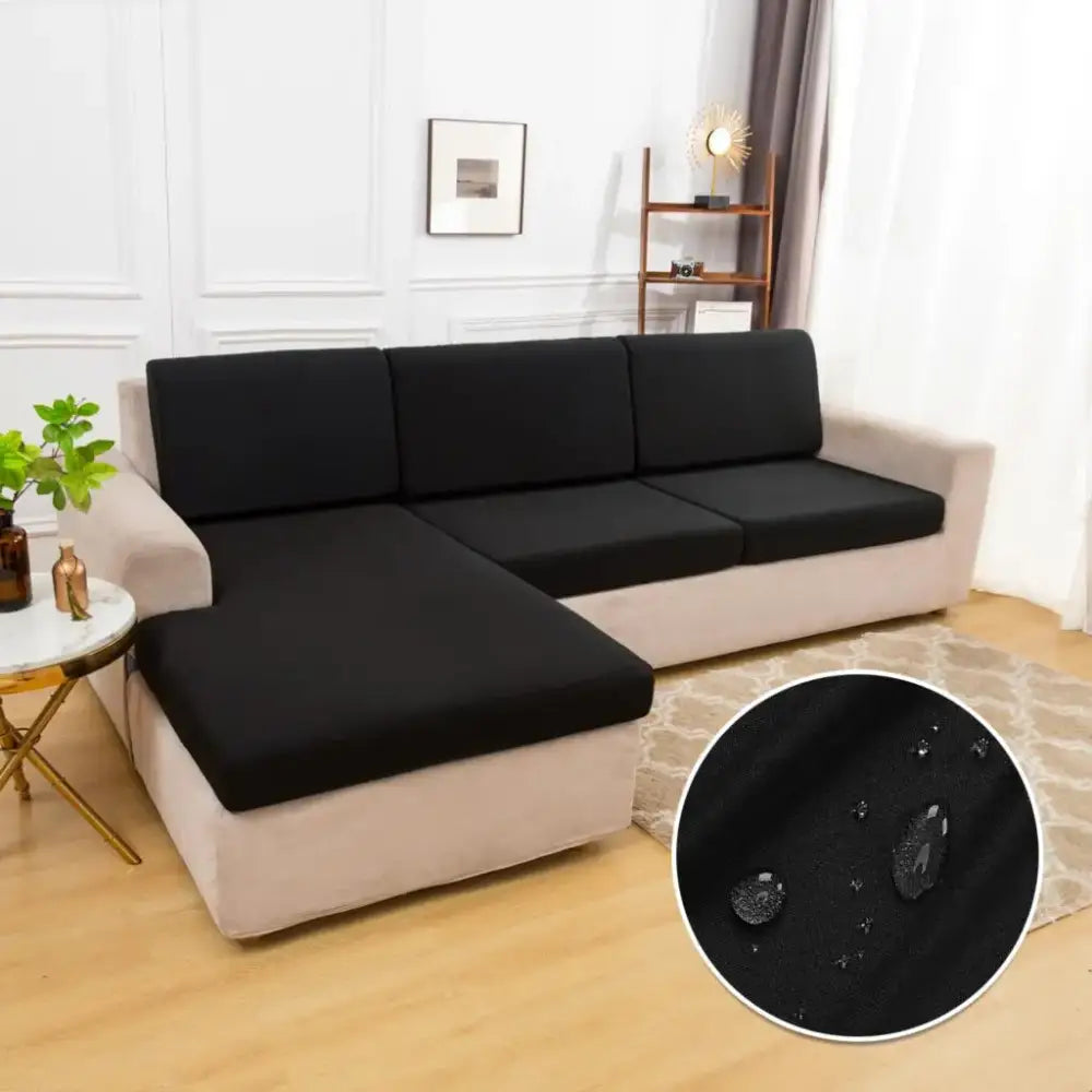 Black stretchy waterproof elastic sofa cushion cover snugly fits a light sectional couch with water-resistant surface