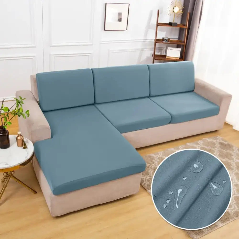 Blue stretchy sofa cover made of waterproof elastic material for living room cushion protection