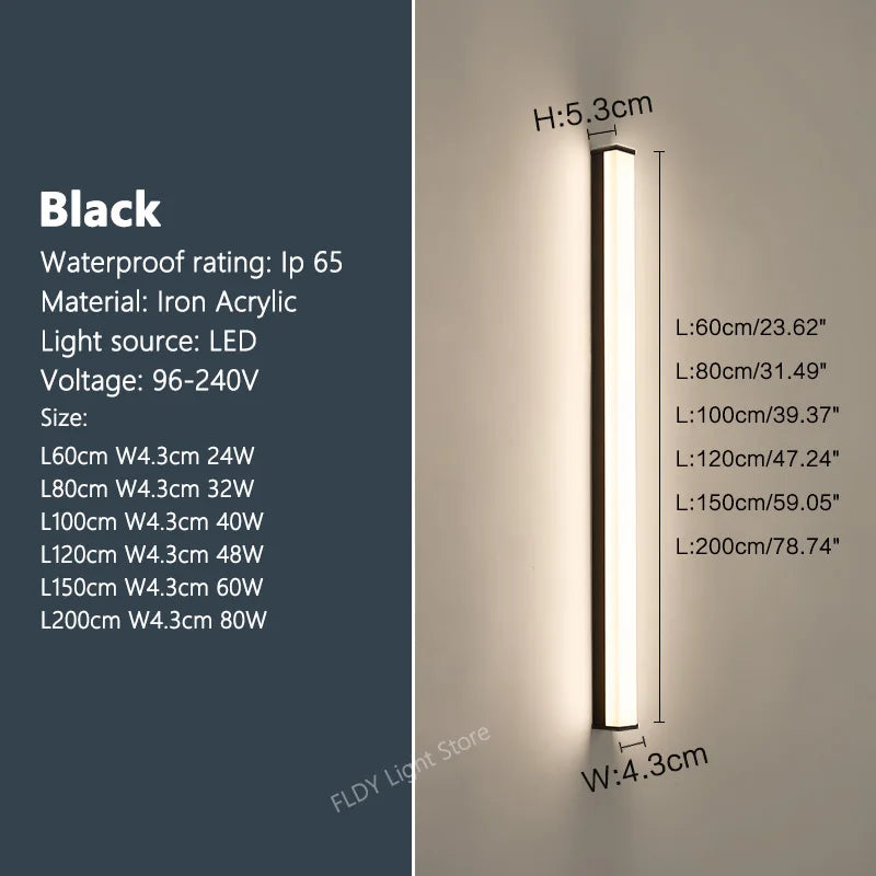Waterproof LED Outdoor Wall Light - Cool White(6000k) / Black / L150cm