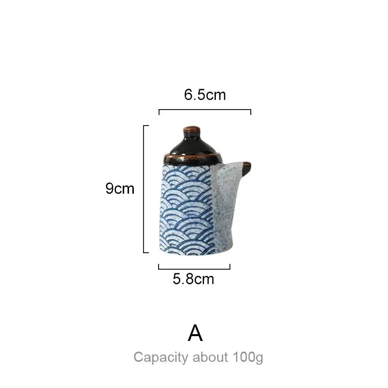 A miniature ceramic teapot with blue and white wave pattern dark brown lid and spout for decorbites blue ceramics kitchen seasoning set