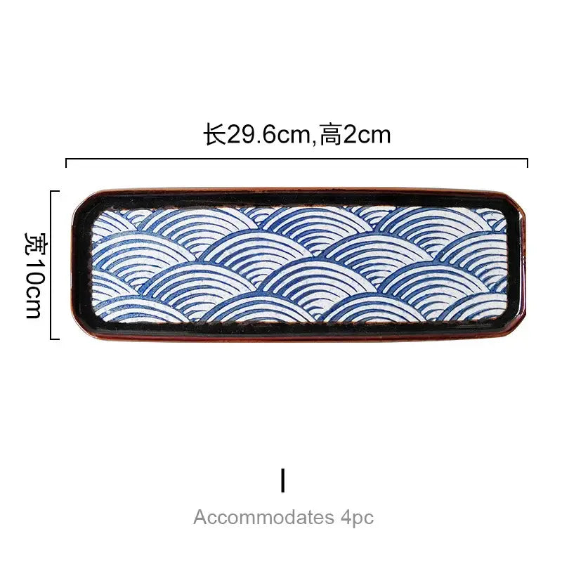 Rectangular ceramic tray with a traditional blue and white wave pattern and dark brown border for seasoning set decorbites blue ceramics