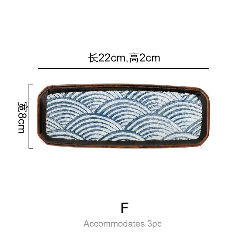 Rectangular ceramic serving tray with blue and white wave pattern and dark brown rim for decorbites blue ceramics seasoning set