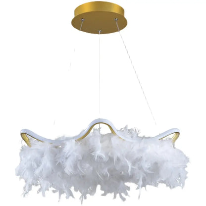 Wavy Metal Nordic White-Gold LED Chandelier with Feather Deco - Elegant Suspension Lighting