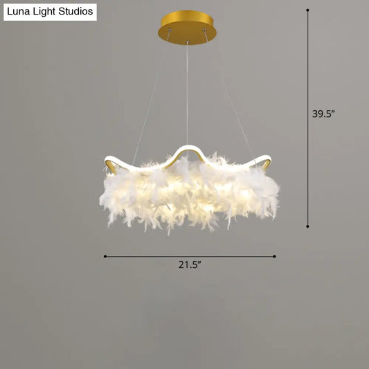 Wavy Metal Nordic White-Gold LED Chandelier with Feather Deco - Elegant Suspension Lighting