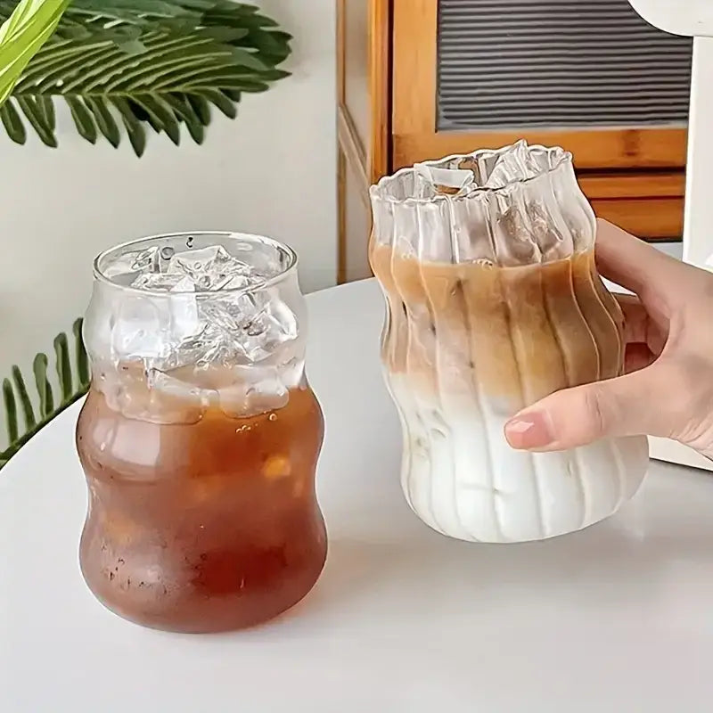 Clear wavy ribbed clear glass cup 500ml ins glass with fluted rim ideal for kitchen use