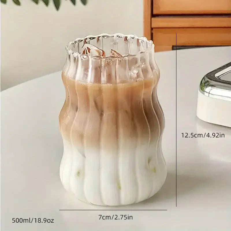 Wavy ribbed clear glass cup 500ml ins glass with white base and brown gradient upper section for kitchen use