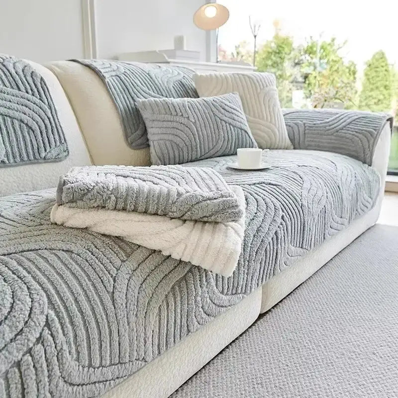 Gray and cream plush sofa cover with wavy ribbed textured pattern for living room set