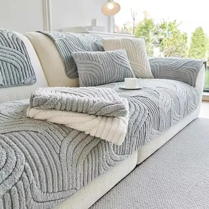 Wavy ribbed cream plush sofa cover with gray textured wave pattern and soft white inner lining for living room set