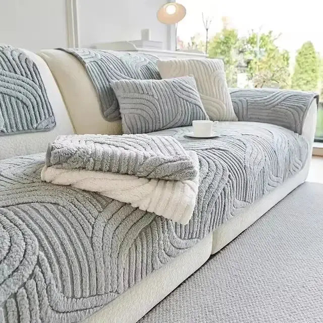 Wavy ribbed cream plush sofa cover with gray textured wave pattern and soft white inner lining for living room set