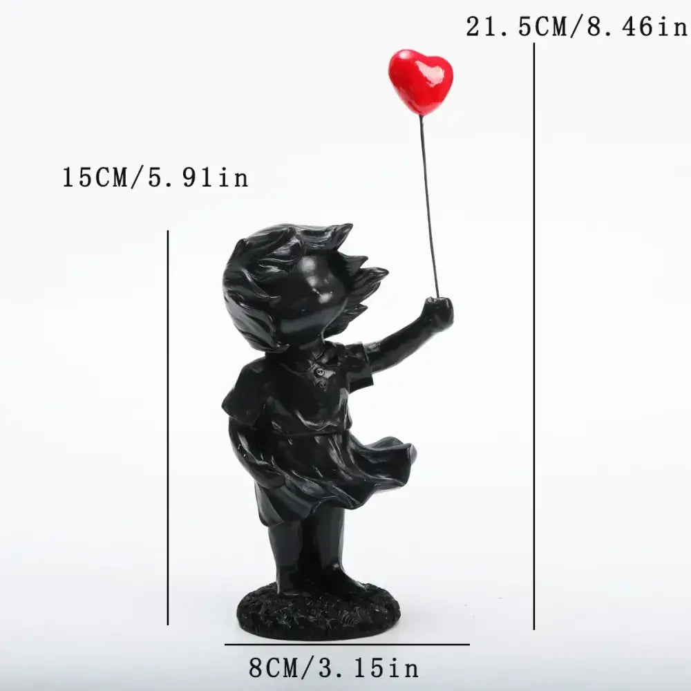 Black resin balloon girl tank figurine holding red heart balloon whimsical resin statues for living room decor