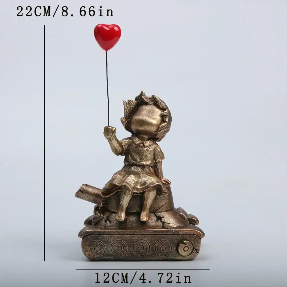 Bronze resin statue of balloon girl sitting on tank holding red heart balloon whimsical balloon girl tank decor