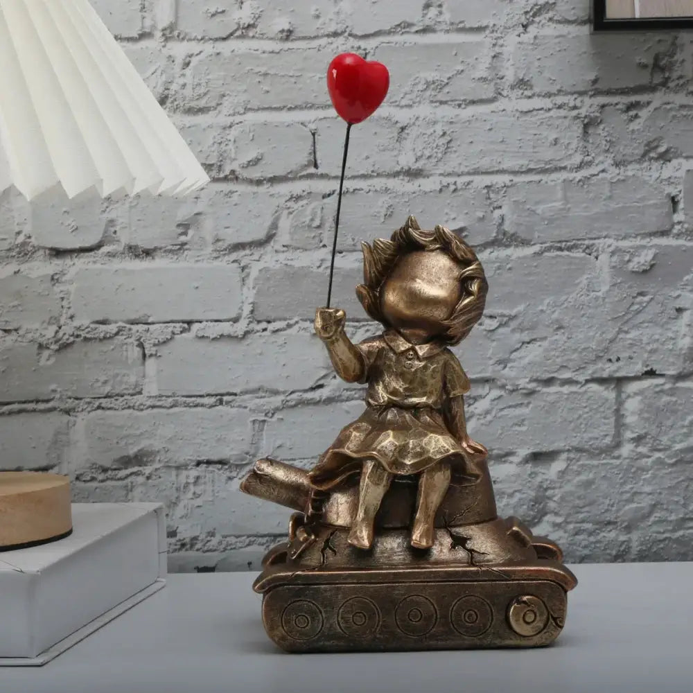 Bronze balloon girl tank resin statue of a child with curly hair holding a red heart balloon for living room decor
