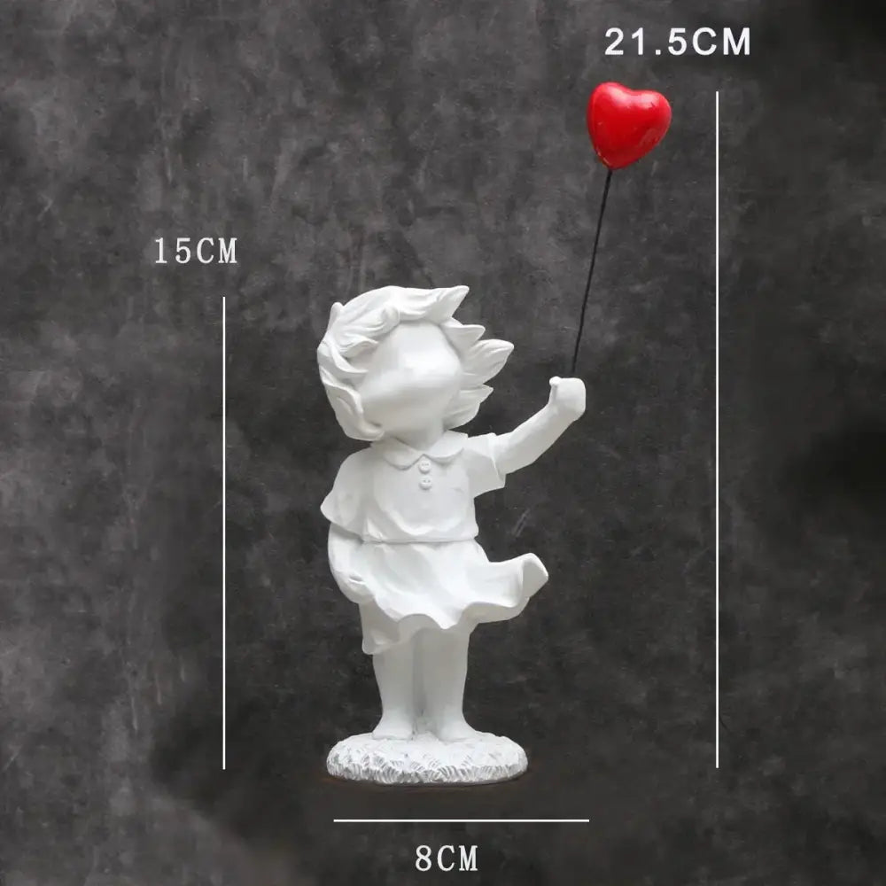 White resin balloon girl tank statue holding a red heart balloon for whimsical living room decor resin statues