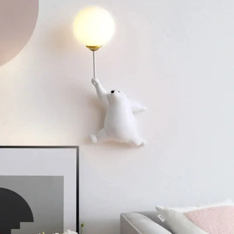White polar bear wall lamp with frosted glass globe and gold metal stem for whimsical bear 3d moon decorbites blue bear