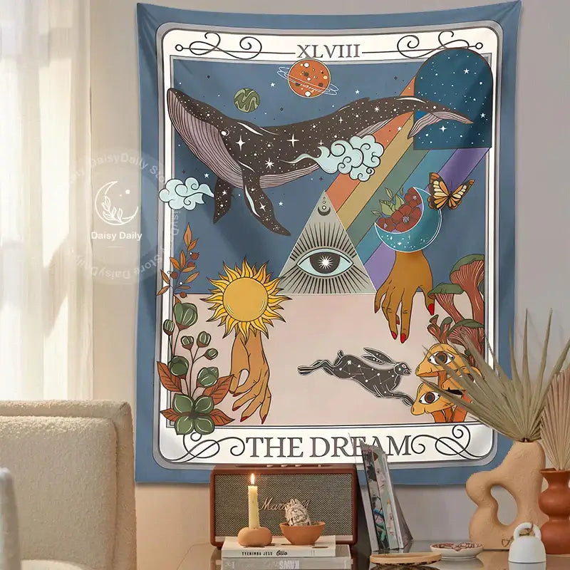 A vibrant blue decorbites dream tarot tapestry with celestial whale, eye triangle, suns moons hands, and xlviii text