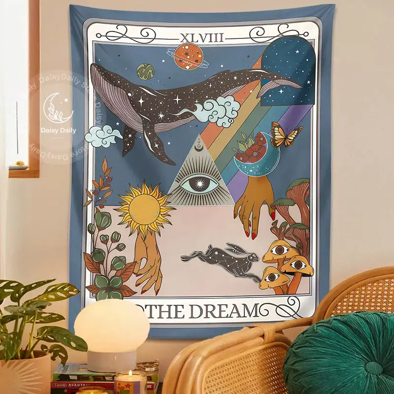 A vibrant blue dream tarot tapestry by decorbites dream features mystical celestial designs for bedroom wall art