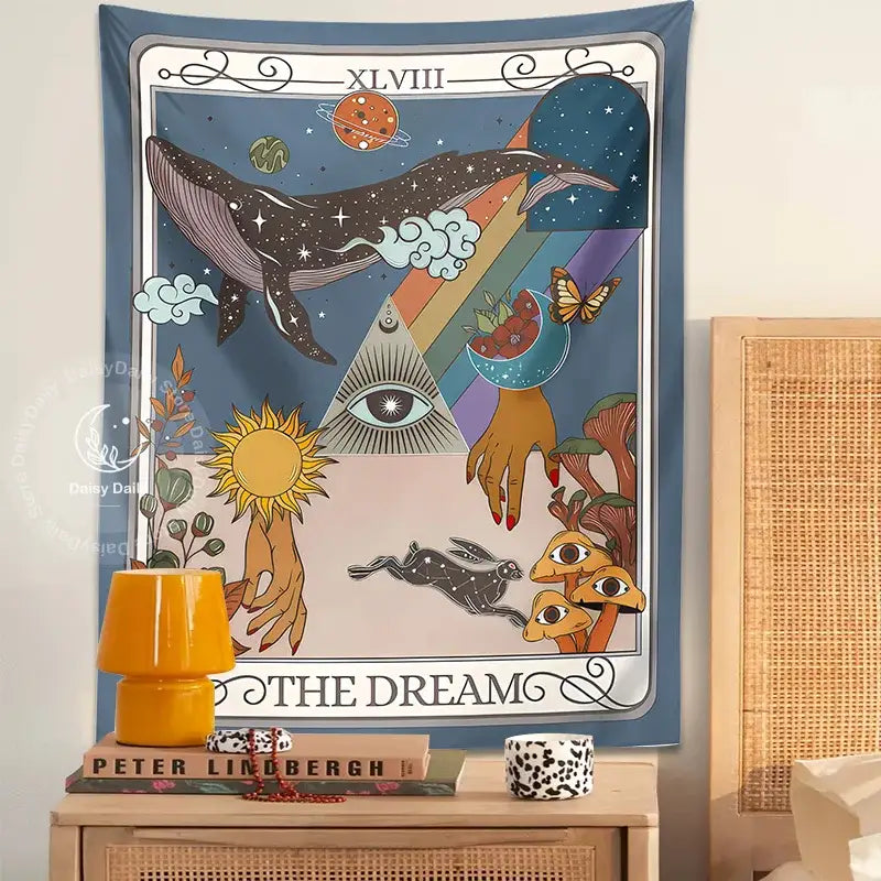 A vibrant blue decorbites dream tarot tapestry featuring mystical celestial design with whale and the dream text