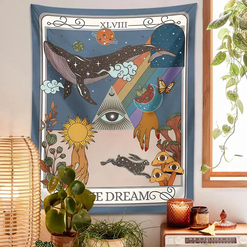 A blue decorbites dream tarot tapestry with mystical celestial whale design and text for bedroom wall art
