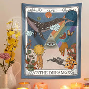 A blue decorbites dream tarot tapestry featuring whimsical celestial designs for bedroom wall art decoration