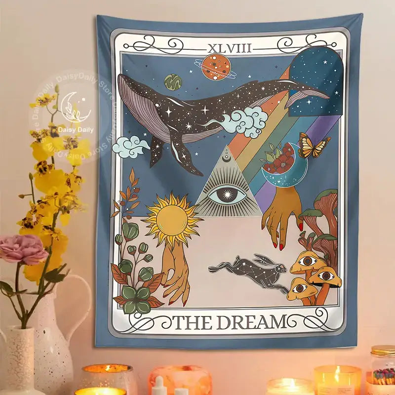 A blue decorbites dream tarot tapestry featuring whimsical celestial designs for bedroom wall art decoration