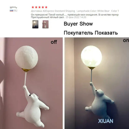 White bear wall lamp with textured spherical moon shade and gold mounting hardware for kids bedroom wall lamp