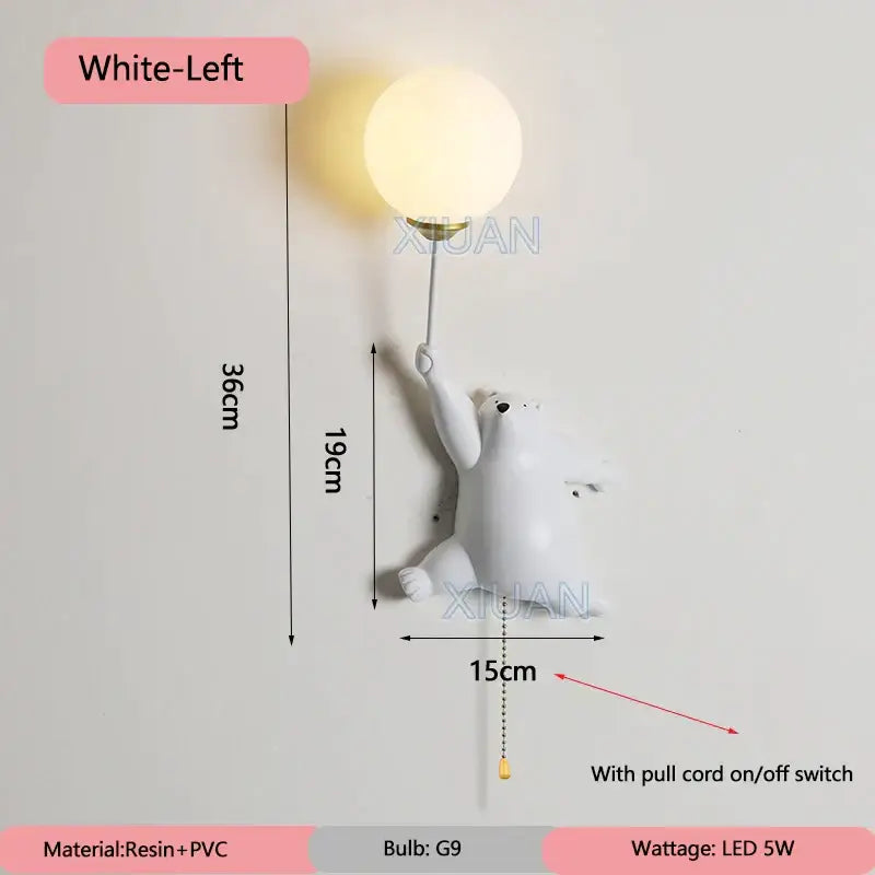 White resin and pvc bear wall lamp with spherical led bulb in blue pink and white for kids bedroom wall lamp