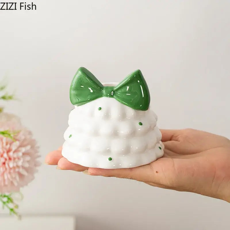 White ceramic beehive candle holder with glossy green bow and dots decorbites bowknot tree dining room decor
