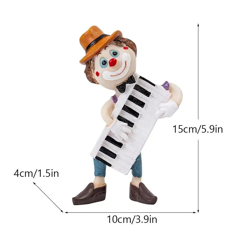 A brown hat whimsical decorbites clown resin art statue holding a white accordion for living room decor