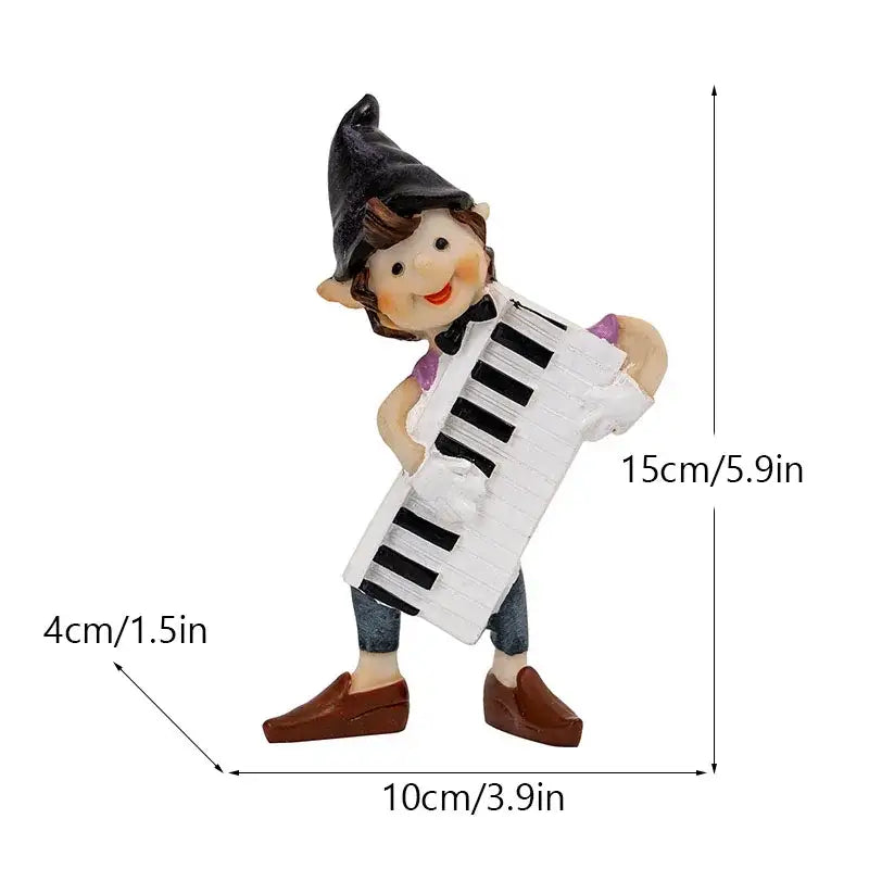 A whimsical clown resin art statue of a gnome in a black hat and purple shirt joyfully playing a white accordion
