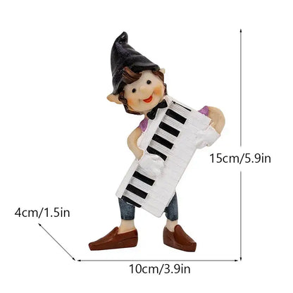 A whimsical clown resin art statue of a gnome in a black hat and purple shirt joyfully playing a white accordion