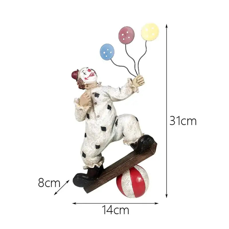 Whimsical cream circus clown joker figurine set with polka-dotted outfit balancing on ball holding colorful balloons
